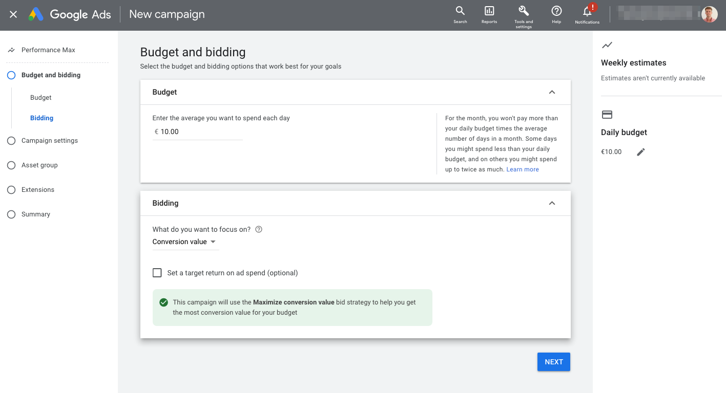 שלב התקציב הקמת קמפיין PERFEORMANCE MAX